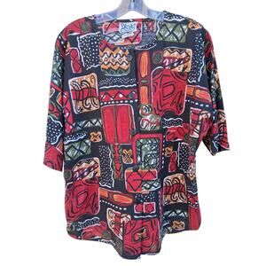 90s L Oversized Abstract Colorful Art Print Short-sleeve Button-down‎ Blouse